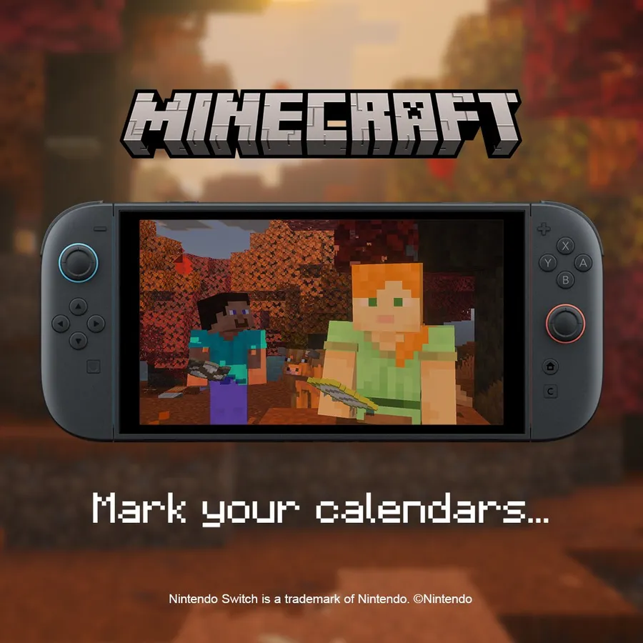 Square key art for Minecraft on Nintendo Switch 2 with blocky characters and the Switch 2 logo