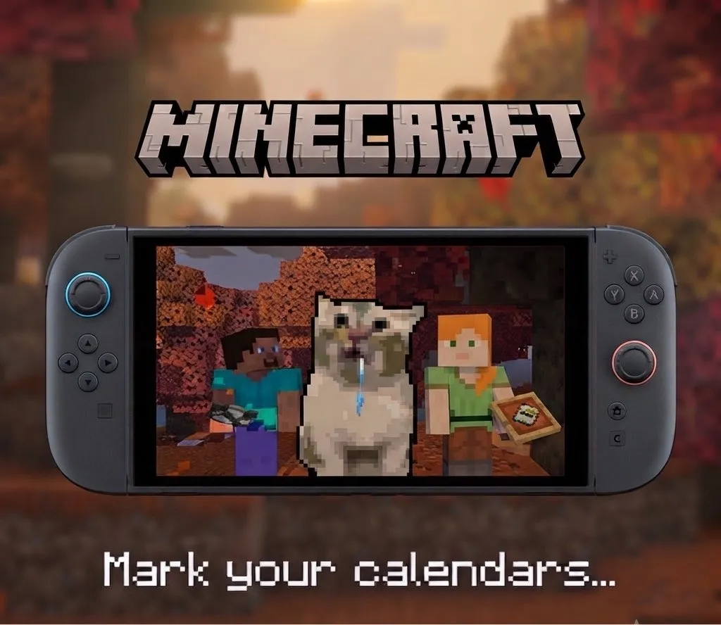 Minecraft on Nintendo Switch 2 gameplay scene with Vibrant Visuals lighting and shadow effects