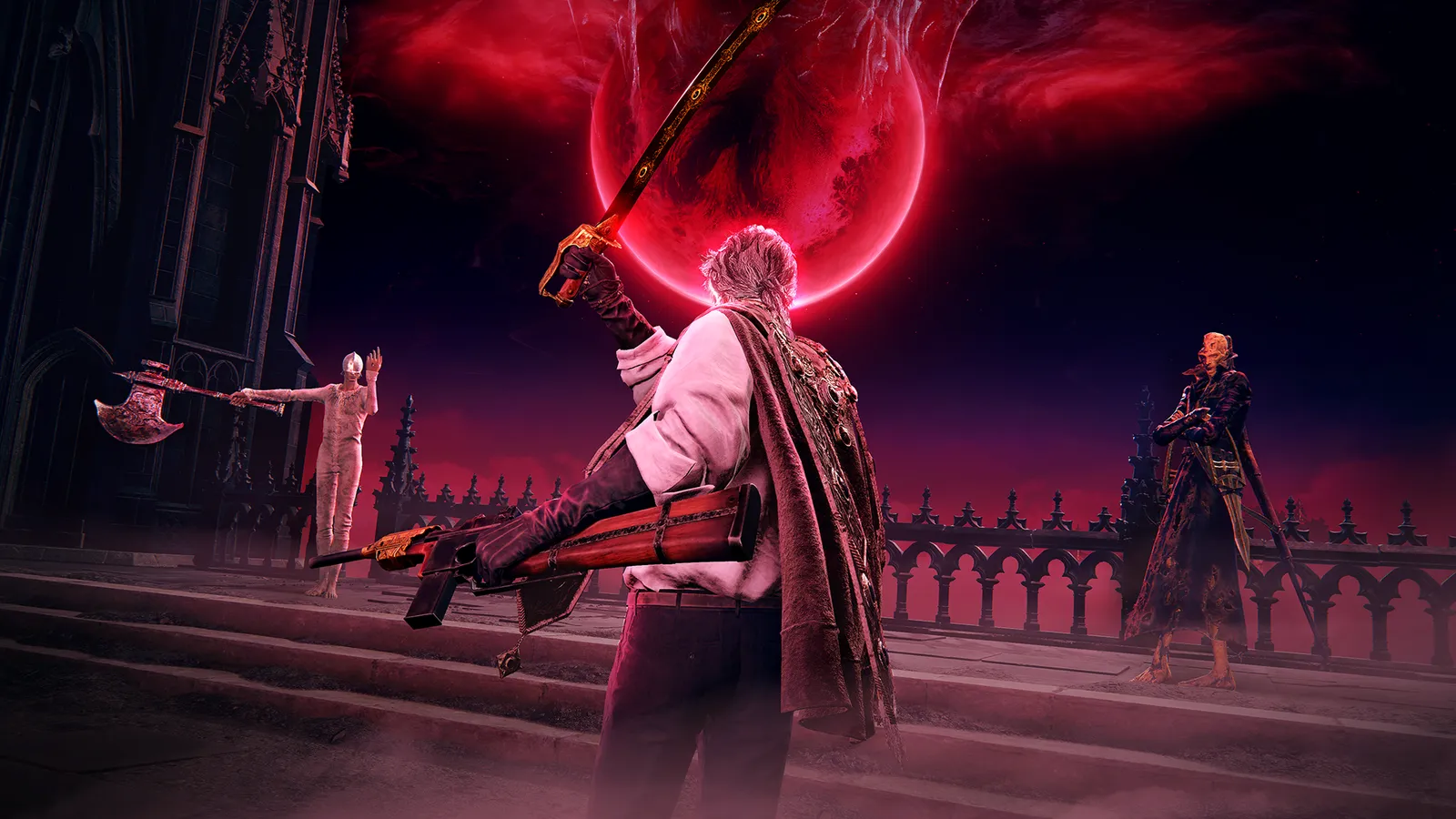 The Duskbloods PvPvE match screenshot showing multiple Bloodsworn engaged in gothic combat
