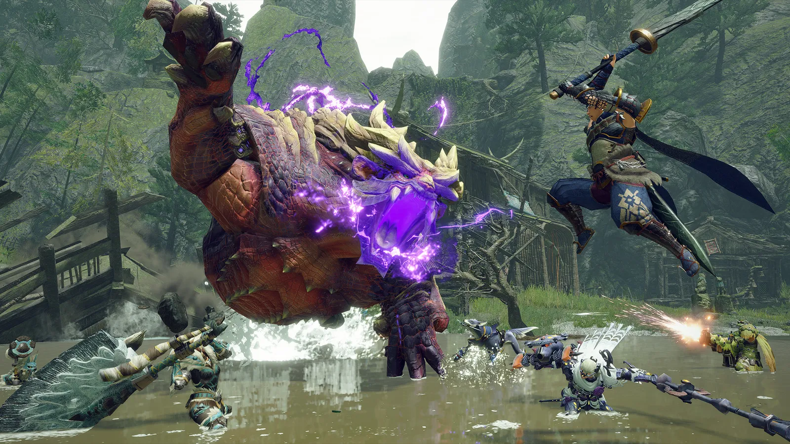 Hunters fighting a large monster in Monster Hunter Rise on PC