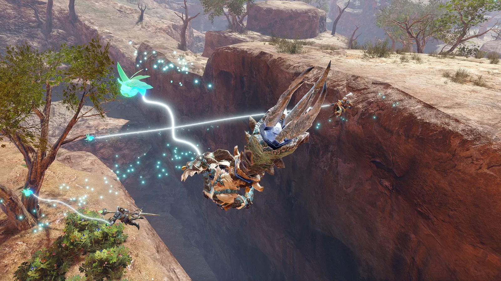 A hunter and a Buddy exploring a Monster Hunter Rise environment