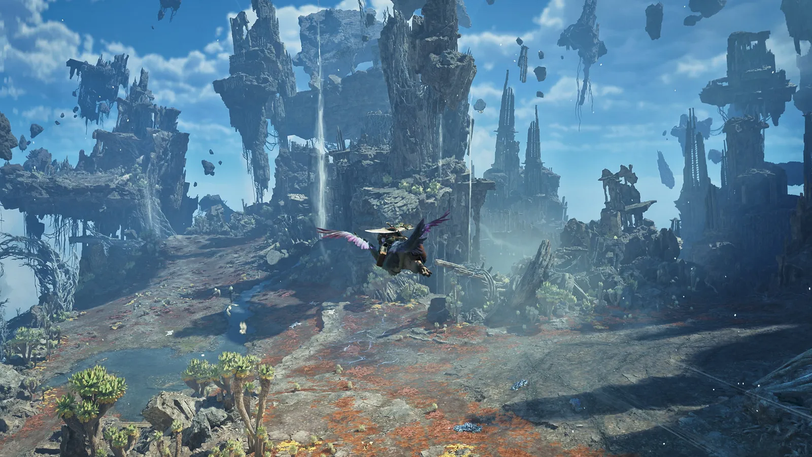Aerial gameplay showing the Boost Bracer activated on a Sword and Shield hunter in Monster Hunter Wilds Ascendance