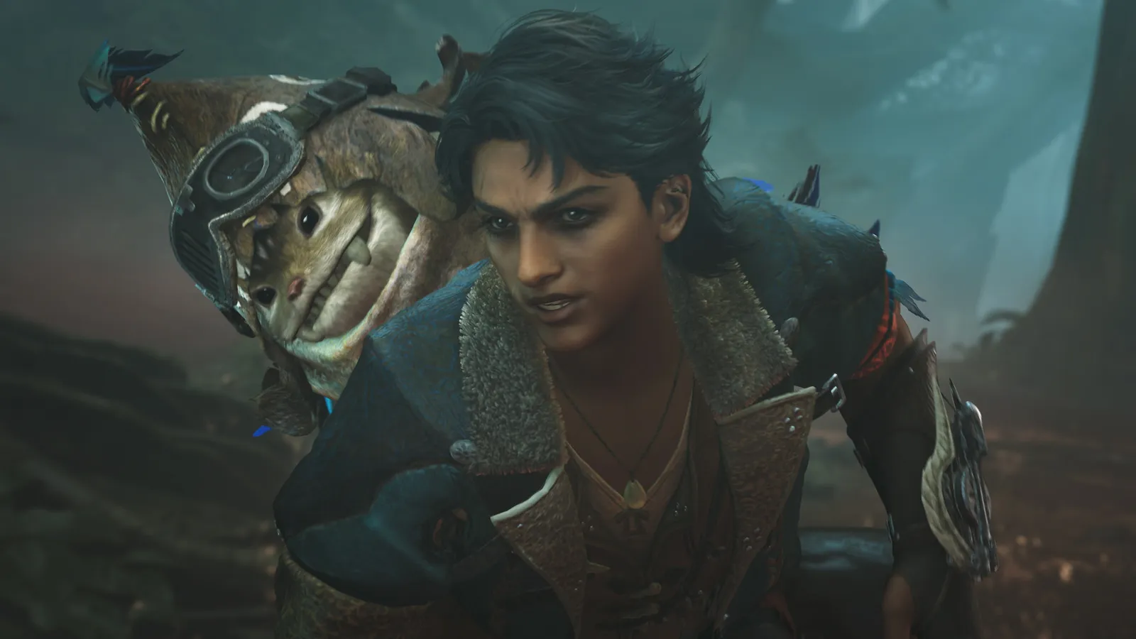 Nata grown up and his Wudwud partner Bangard in the Madoi Stronghold scene from Monster Hunter Wilds Ascendance