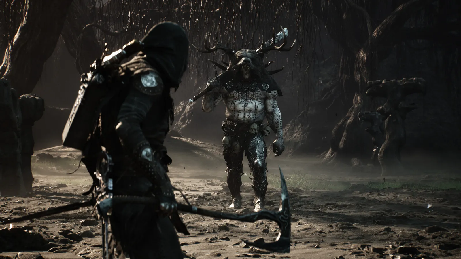 Mortal Shell II combat screenshot showing the Herald fighting enemies in a devastated dark fantasy environment