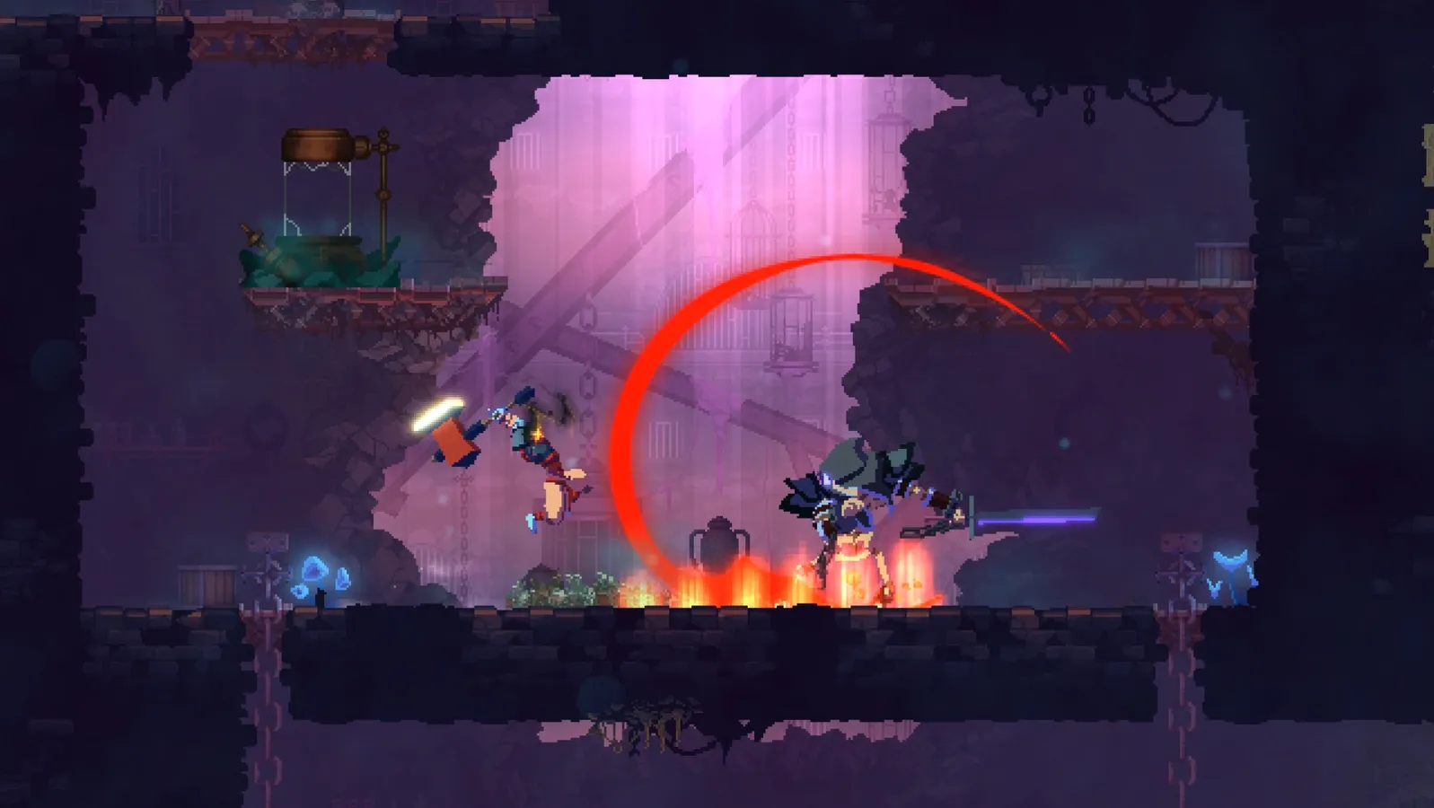 Dead Cells promotional screenshot showing the Beheaded protagonist facing a skeletal enemy inside a procedural castle.
