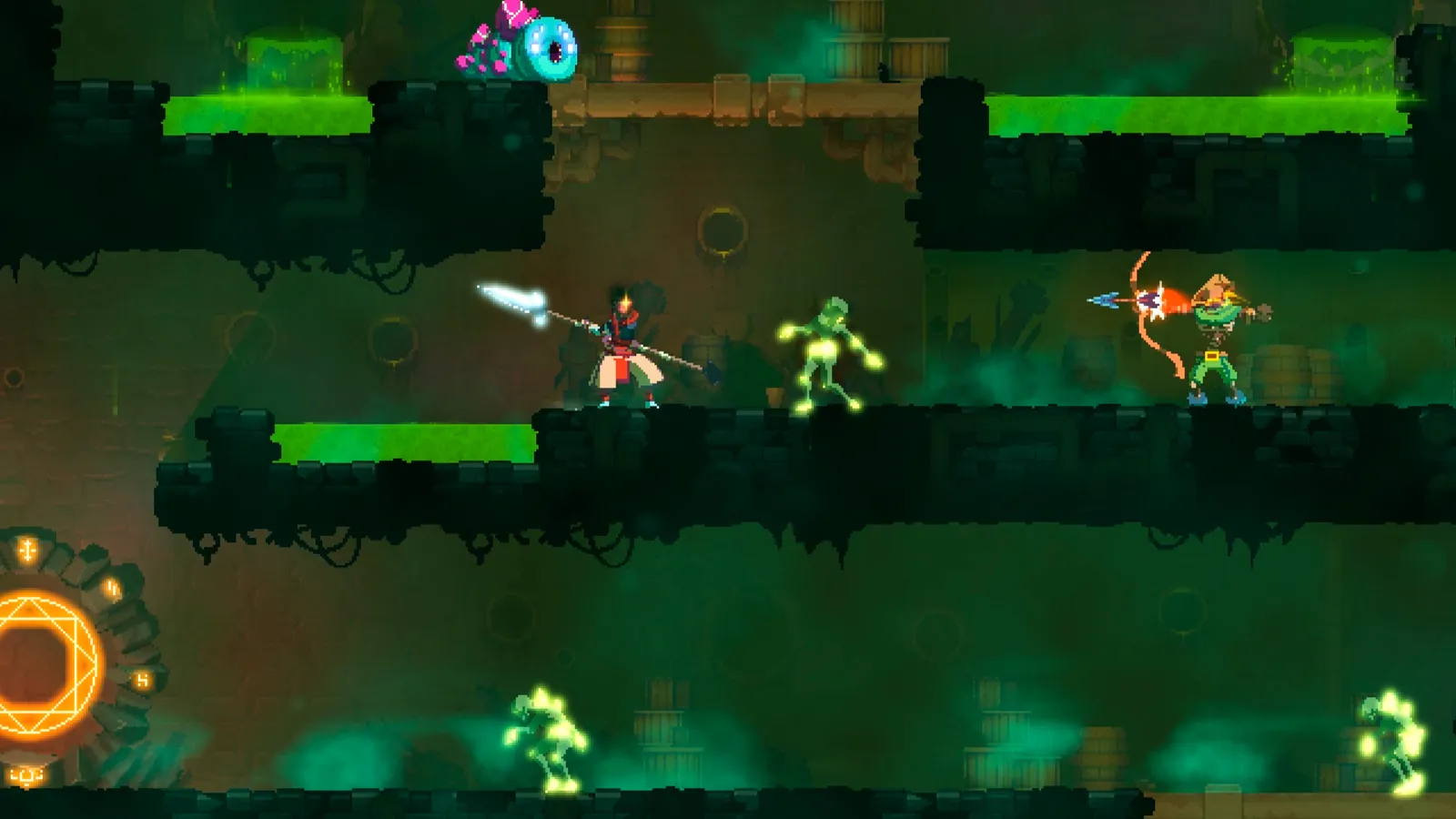 Dead Cells in-game screenshot of a boss arena with bright combat effects and a sweeping camera.