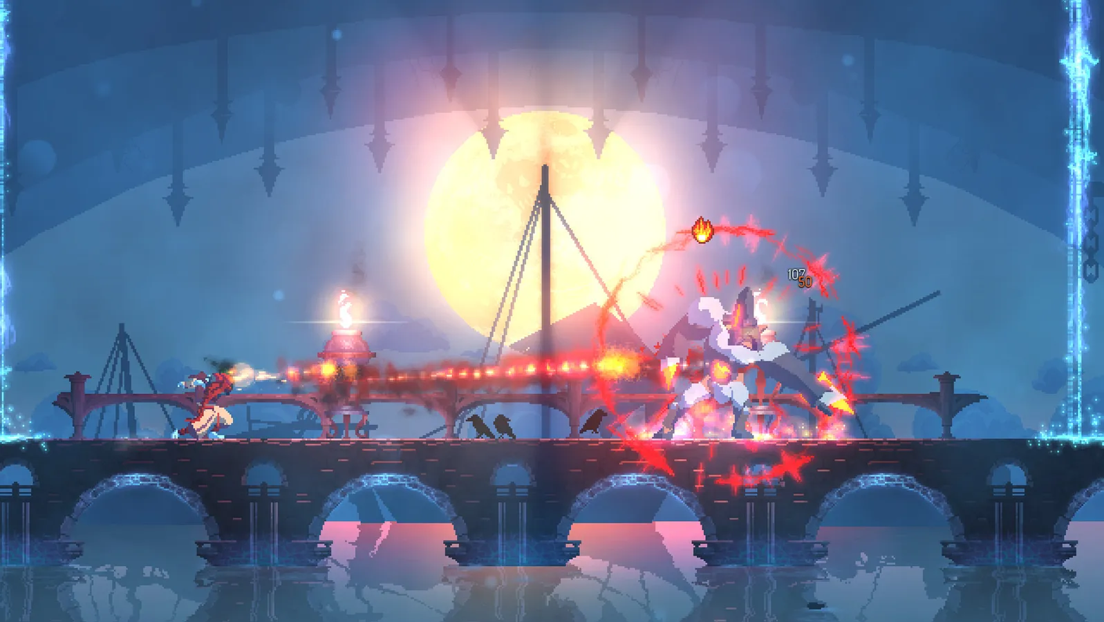 Dead Cells screenshot of the player parrying a large enemy in a green-lit, hazard-filled corridor.