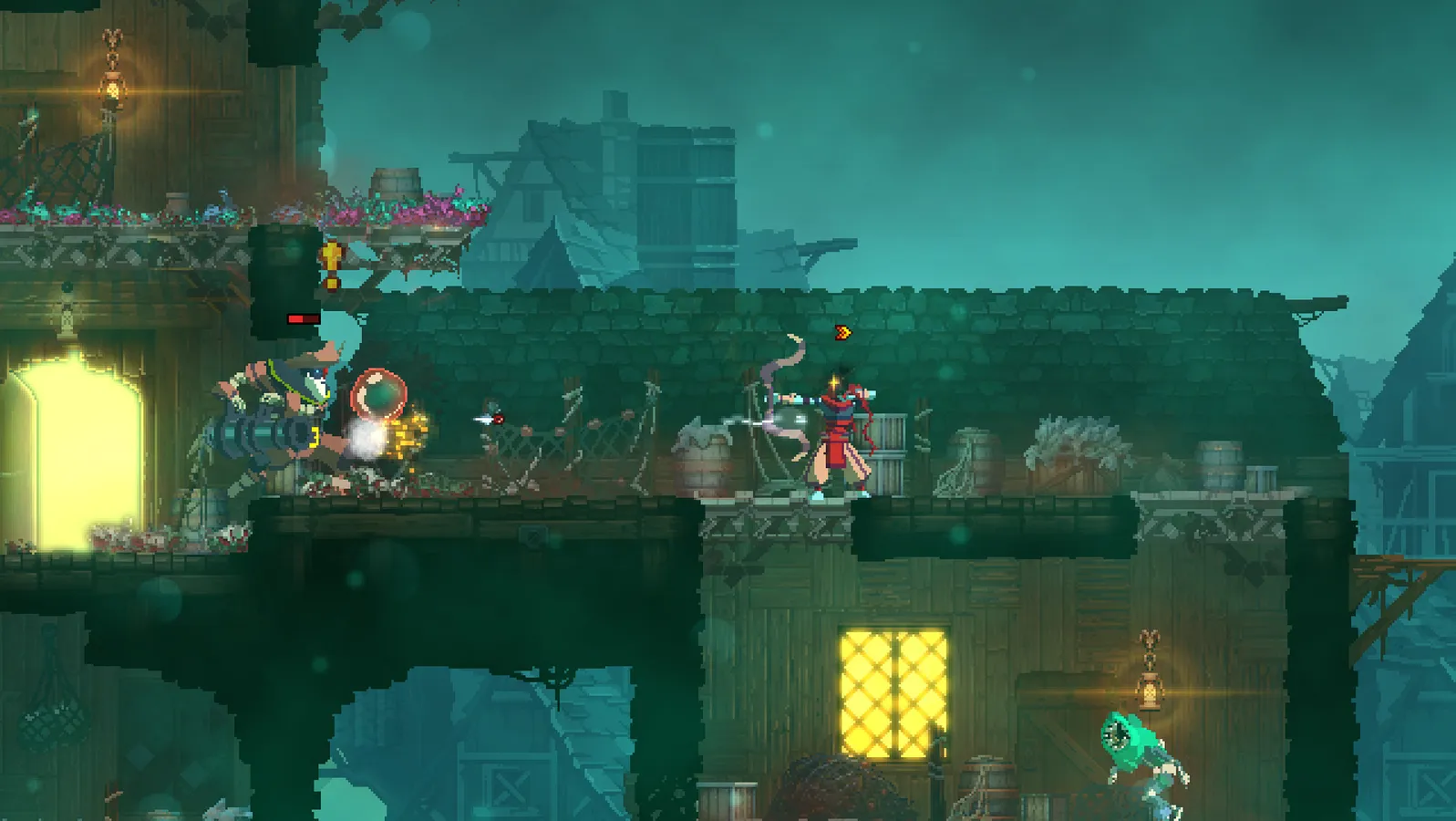 Dead Cells screenshot of platforming traversal with a Minimap and a vertical shaft leading to a new biome.