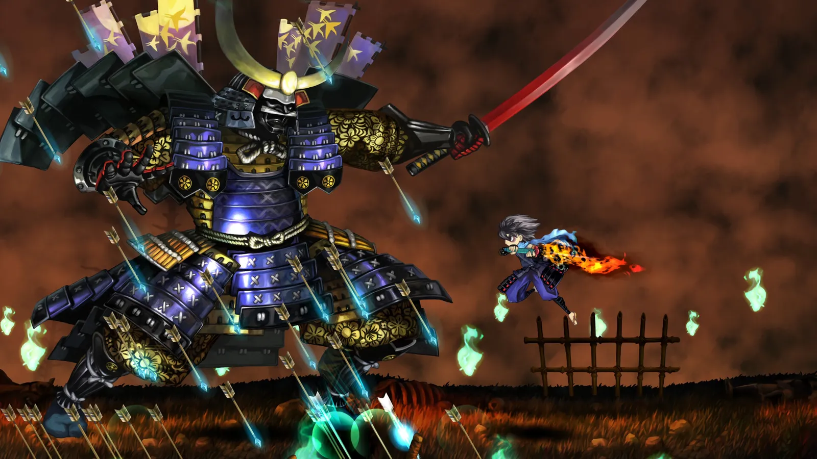 Muramasa Revenant Blades samurai protagonist mid-combat with glowing demon blades