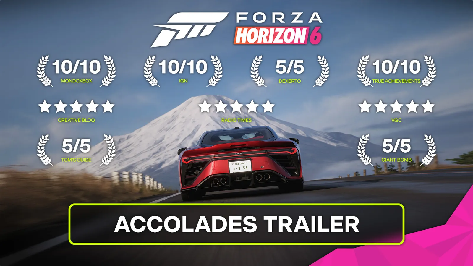 Forza Horizon 6 accolades trailer key art with red car driving toward Mt. Fuji