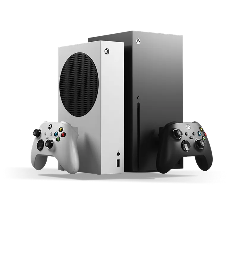 Front view of two XBOX Series X and S console devices on a white background