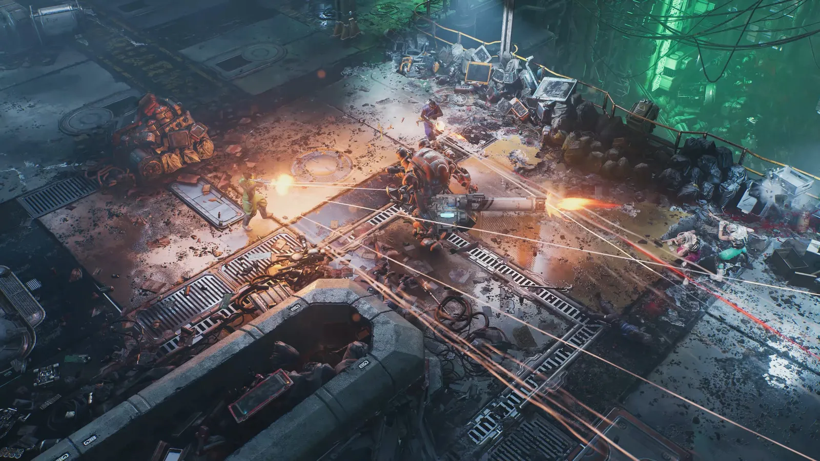 The Ascent gameplay screenshot showing neon-soaked cyberpunk city combat