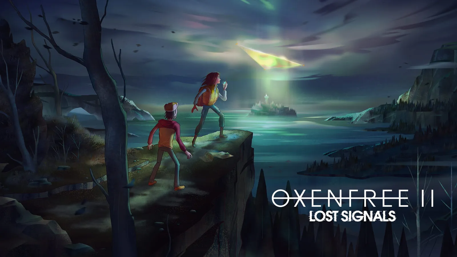 Oxenfree II Lost Signals key art showing Riley navigating a coastal town with mysterious radio wave imagery in the sky