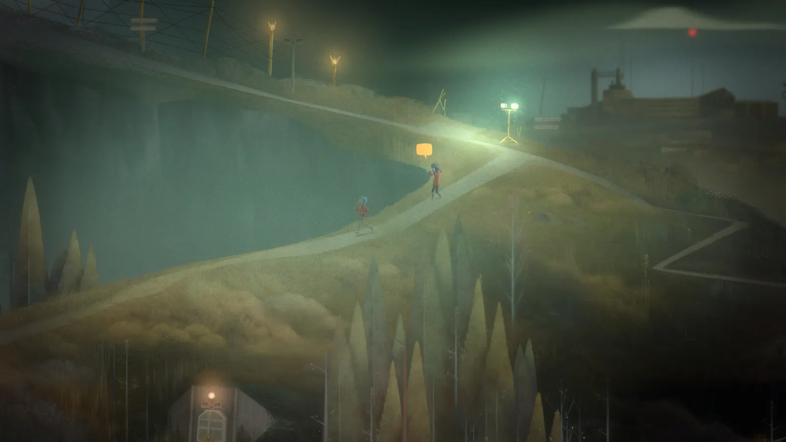 Oxenfree gameplay screenshot featuring the main cast of teenagers on a fog shrouded beach near a radio transmitter