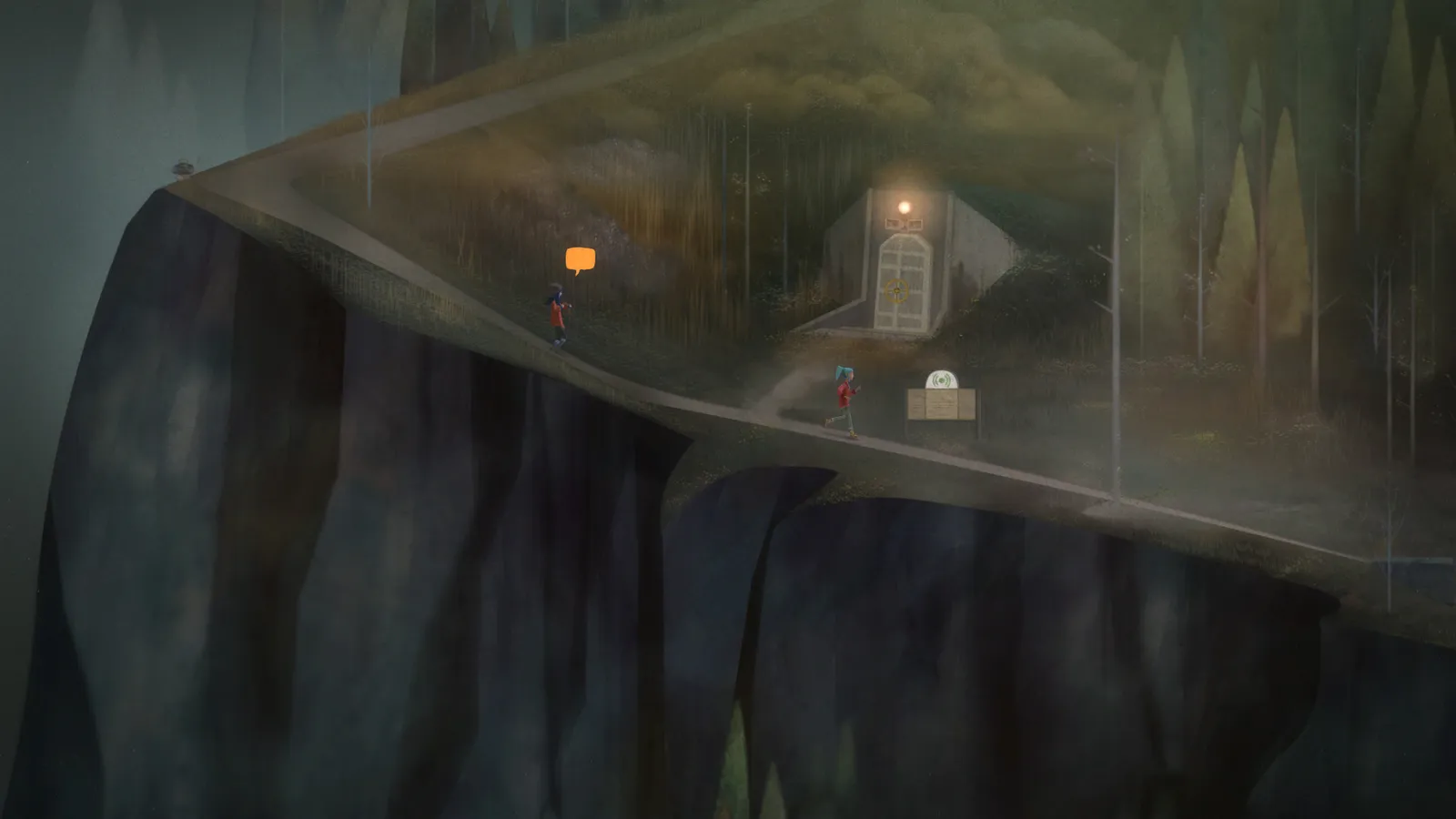 Oxenfree screenshot showing a moody supernatural coastline at night with character silhouettes and radio static visual effects