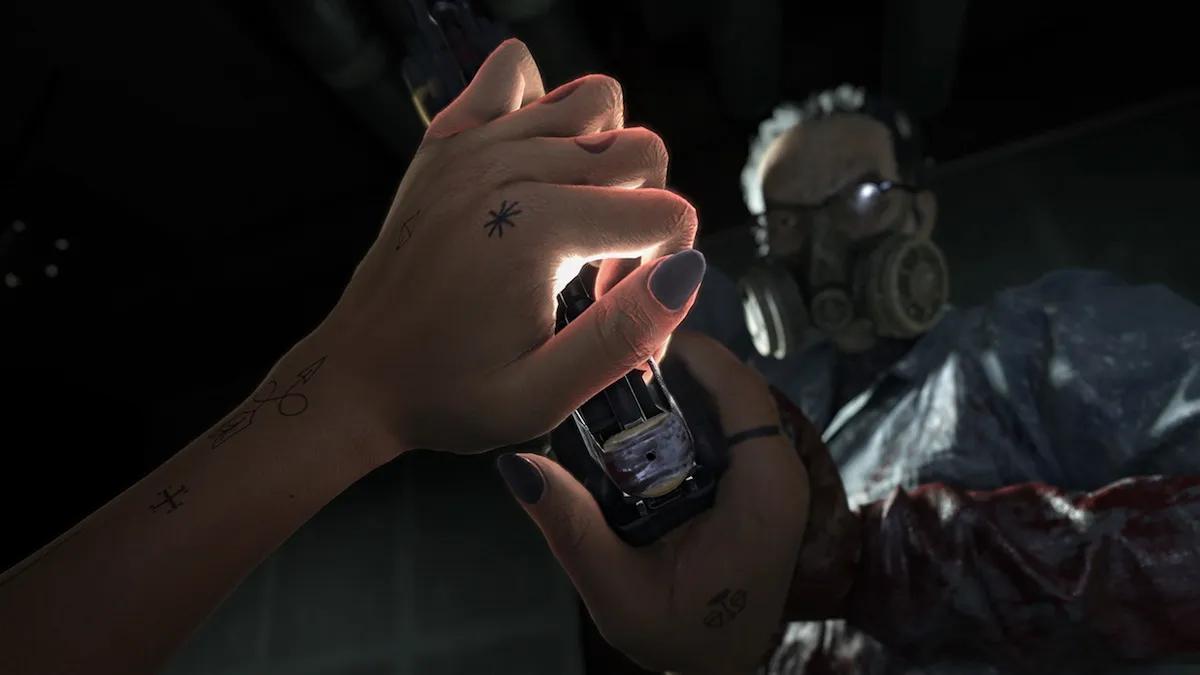 Close-up of tattooed hands gripping a gun, with a masked figure in a blood-stained shirt in a dark industrial setting, the official Unhinged keyart.