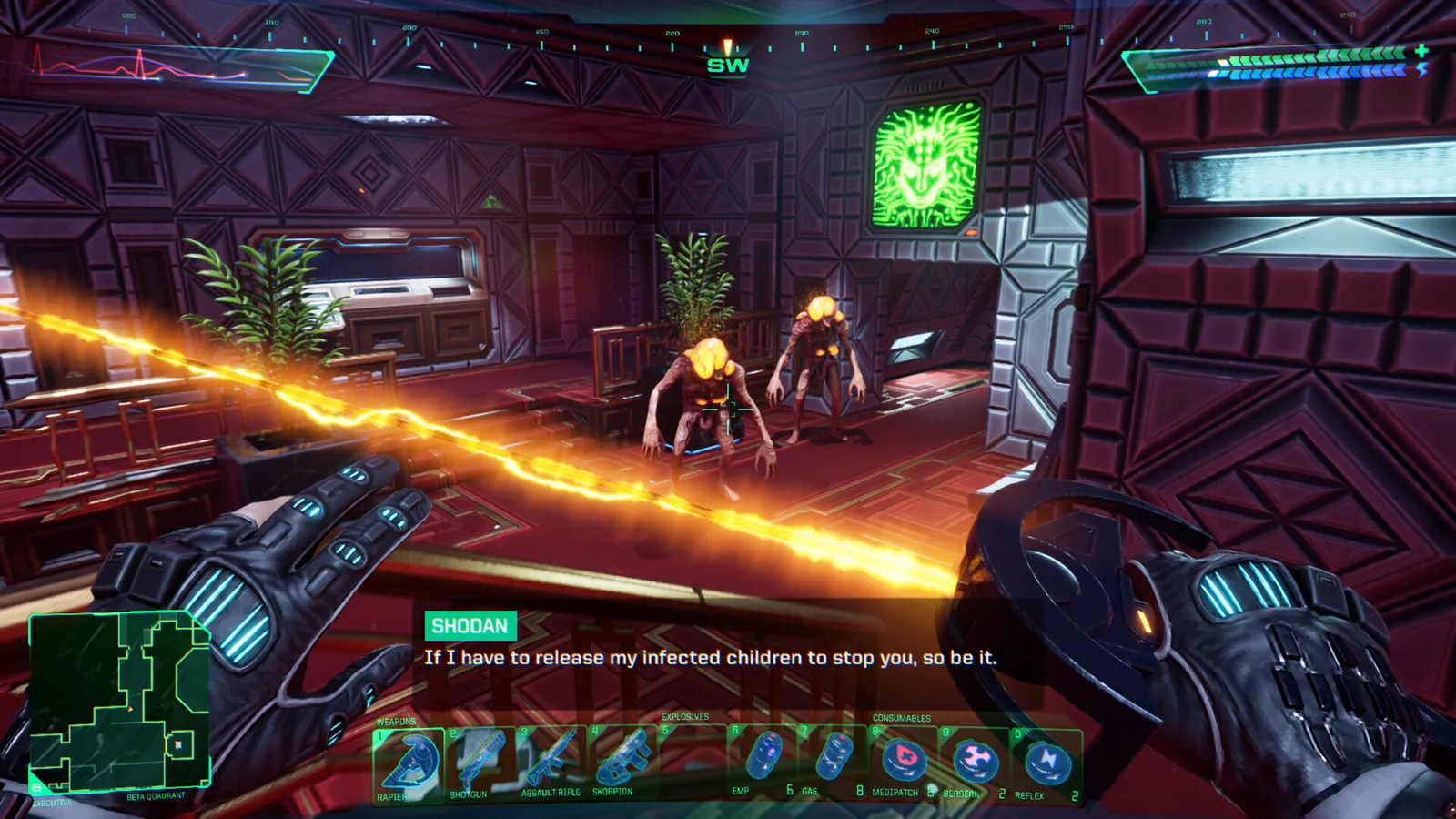 Hacker facing a Citadel Station corridor in the System Shock VR reveal trailer on Steam