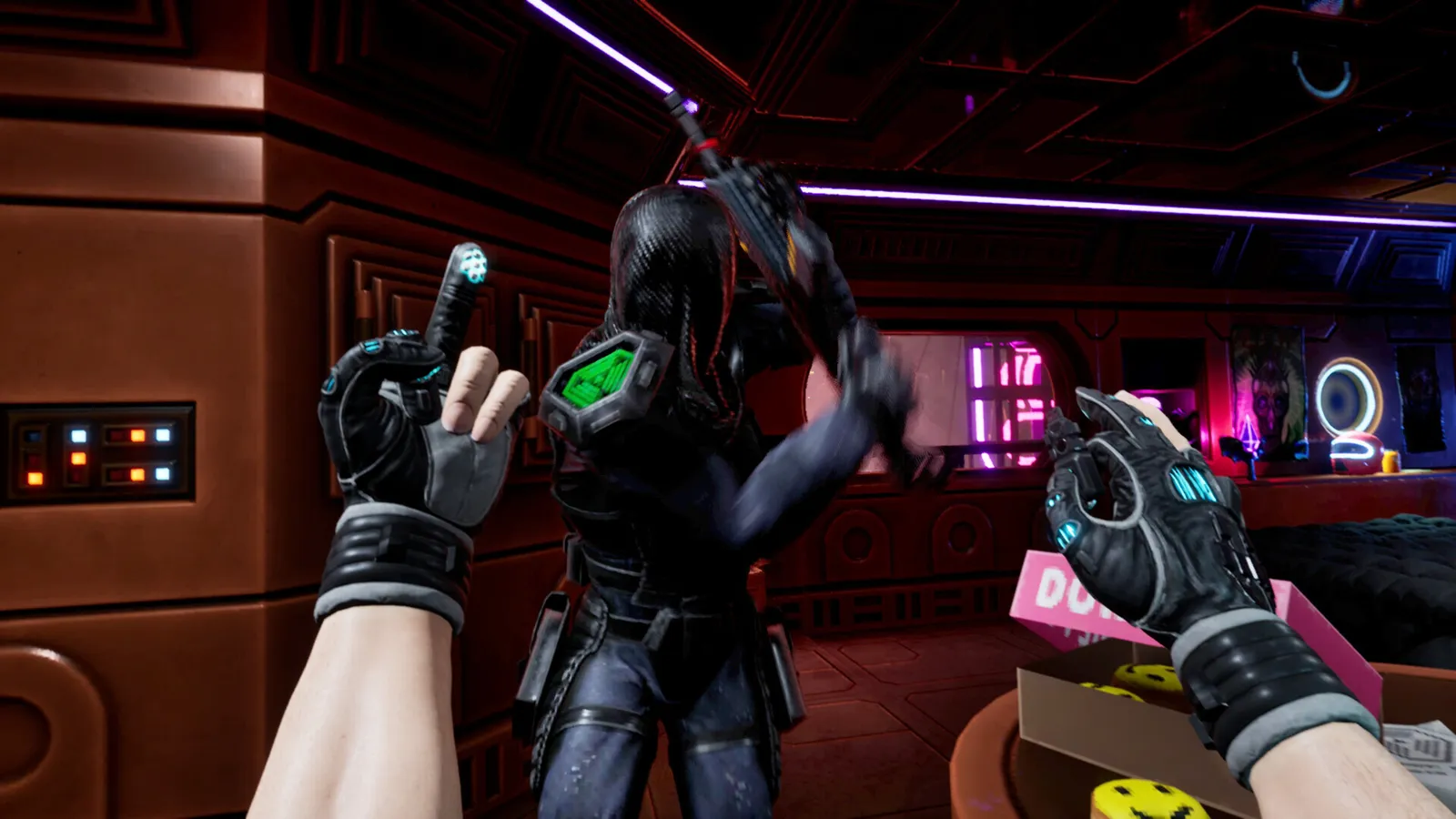Combat scene from System Shock VR showing a mutant cyborg enemy up close