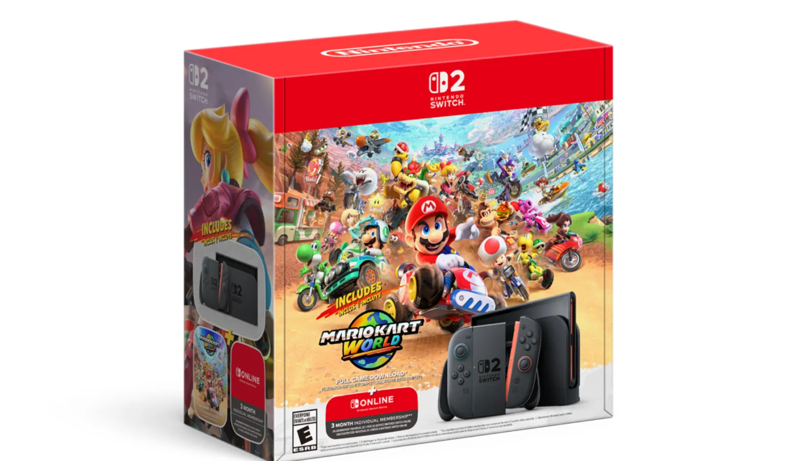 Official Nintendo press photo of the new 550 dollar Switch 2 plus Mario Kart World bundle for the United States, console with game key and three month Switch Online membership.