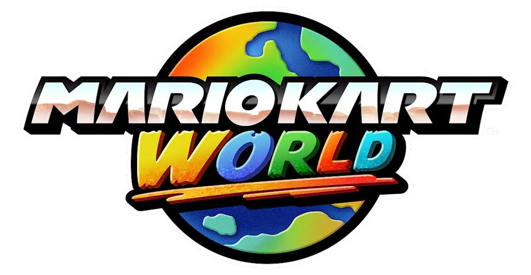 Mario Kart World logo on a black background, official Nintendo branding asset.
