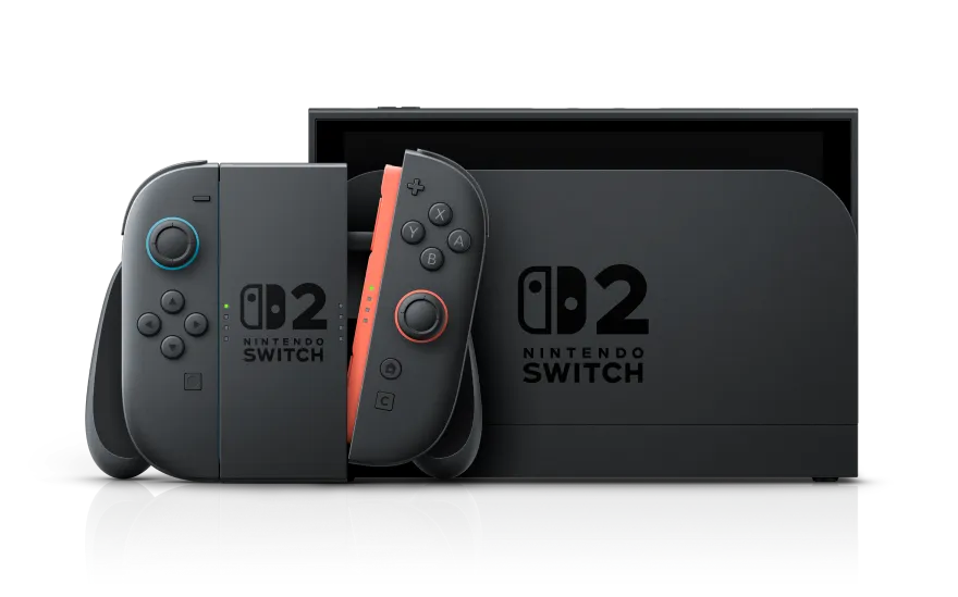 Nintendo Switch 2 console with Joy-Con 2 controllers attached shown from the front