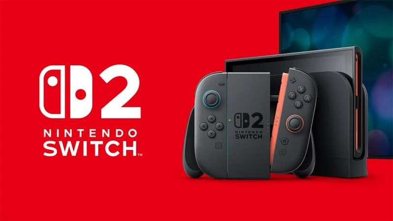 Nintendo Switch 2 console shown in handheld and TV-docked configurations against a white background