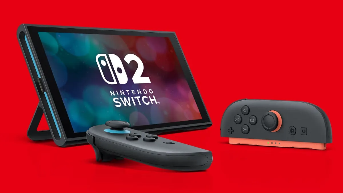 Nintendo Switch 2 console shown standing in tabletop mode with its kickstand out