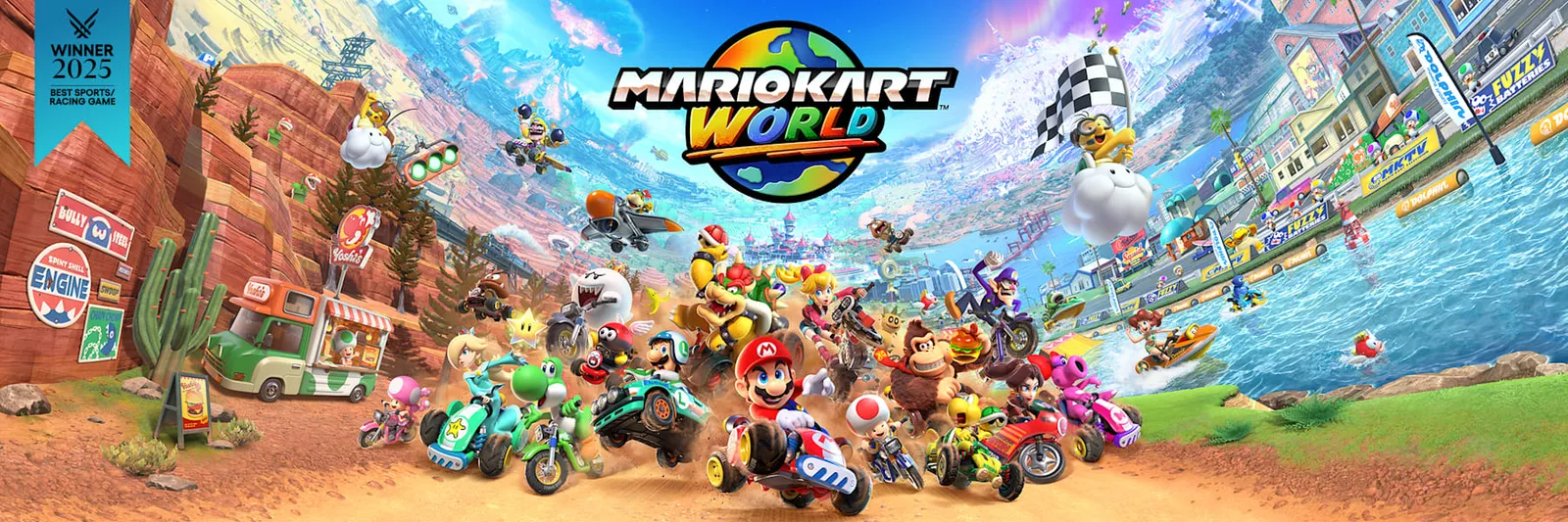 Official Nintendo Switch 2 family marketing shot showing the handheld and dock in Mario Kart World launch colors