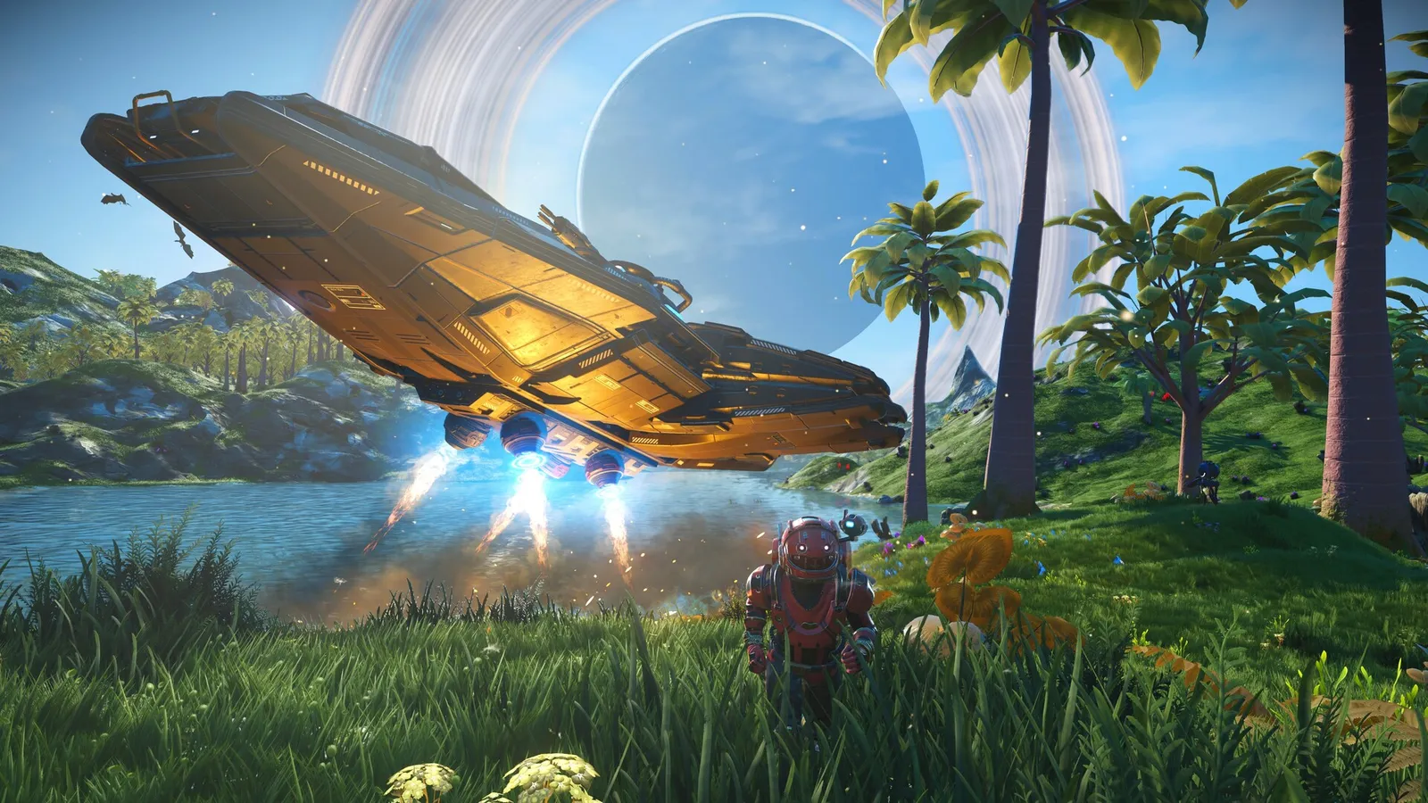 No Man's Sky screenshot showing a player-built base on an alien world