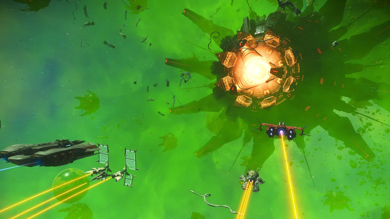 No Man's Sky gameplay screenshot of a planetary surface at golden hour