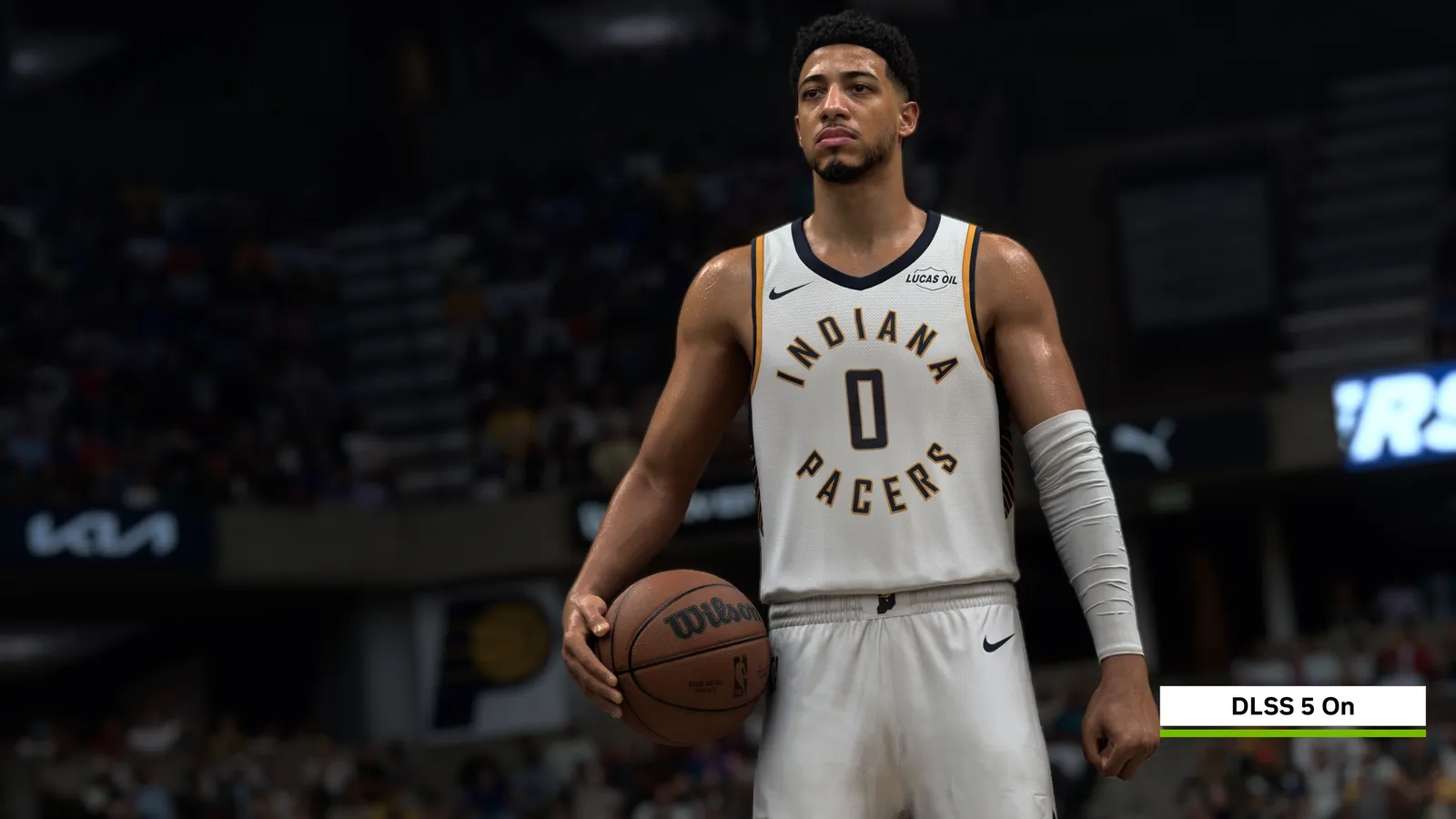 NBA 2K27 player close-up with DLSS 5 3D-guided neural rendering active, showing enriched skin and hair detail