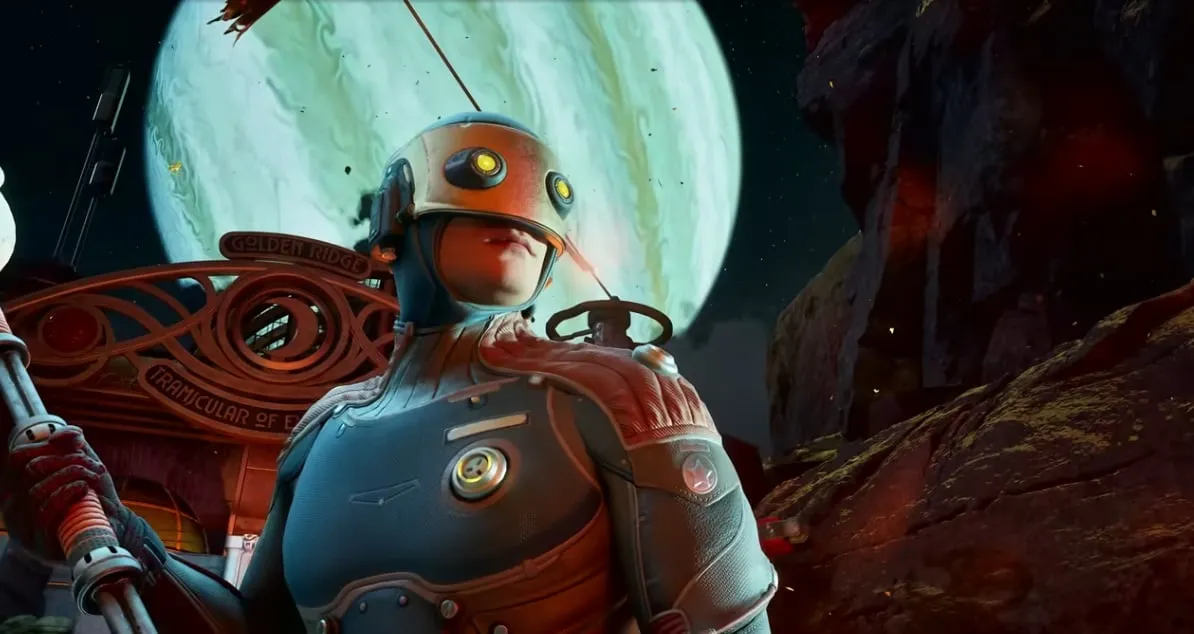 A lone space explorer stands on an alien planet in The Outer Worlds 2, published by Obsidian Entertainment and Xbox