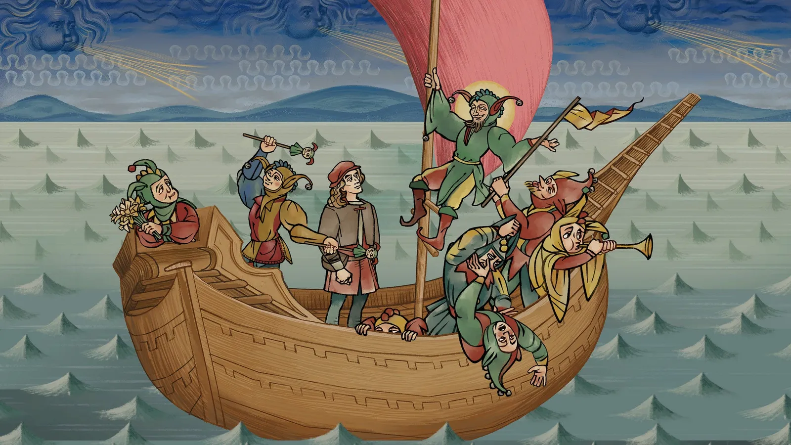 Key art for Pentiment, the award-winning narrative game from Obsidian Entertainment, showing a medieval manuscript illustration style