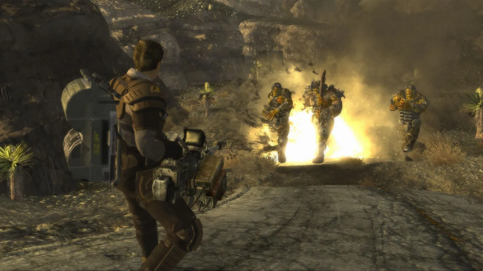 Fallout New Vegas gameplay screenshot showing the Courier in the open world with RPG interface elements