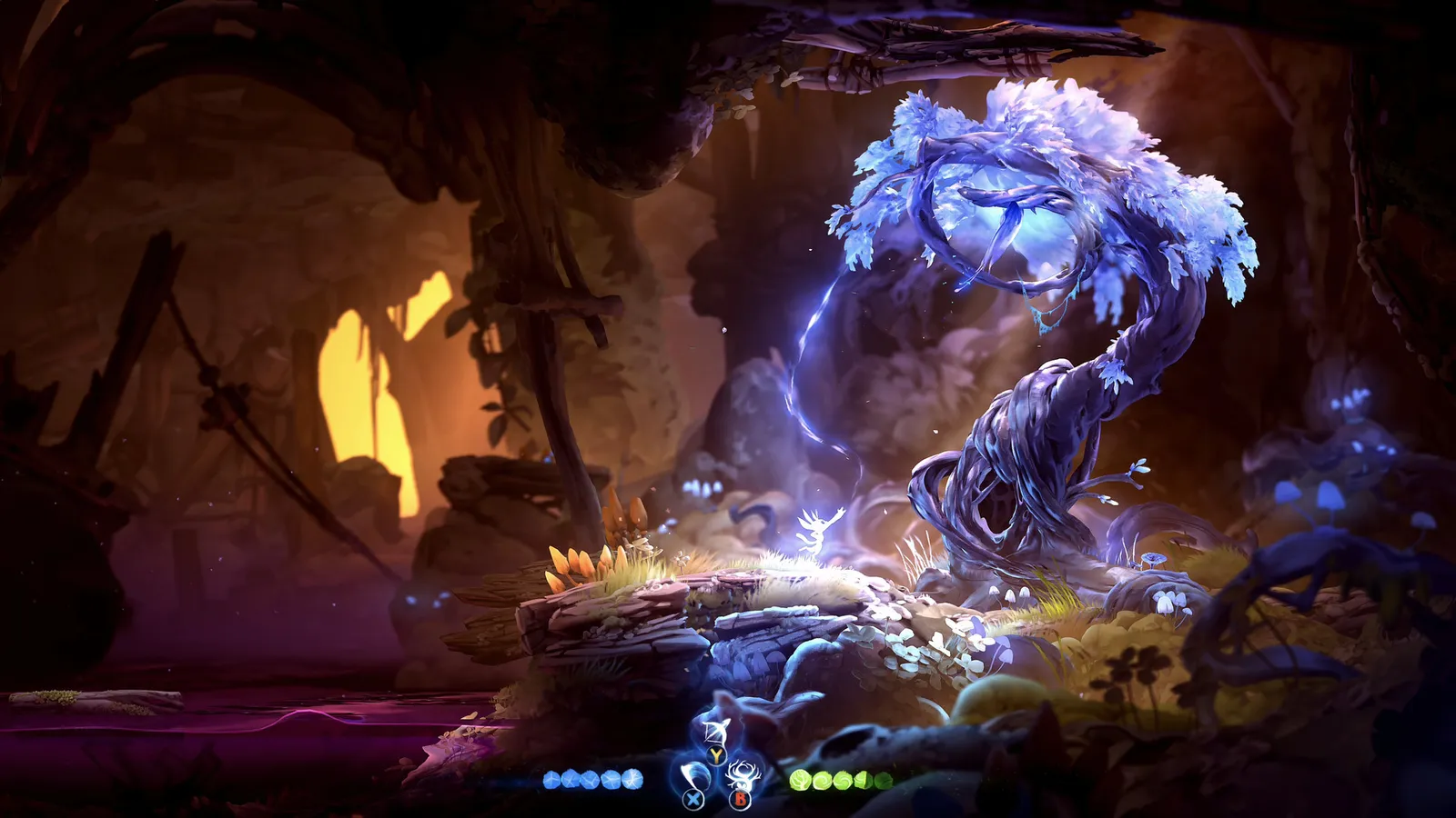 Ori and the Will of the Wisps gameplay screenshot showing Ori navigating a glowing forest environment