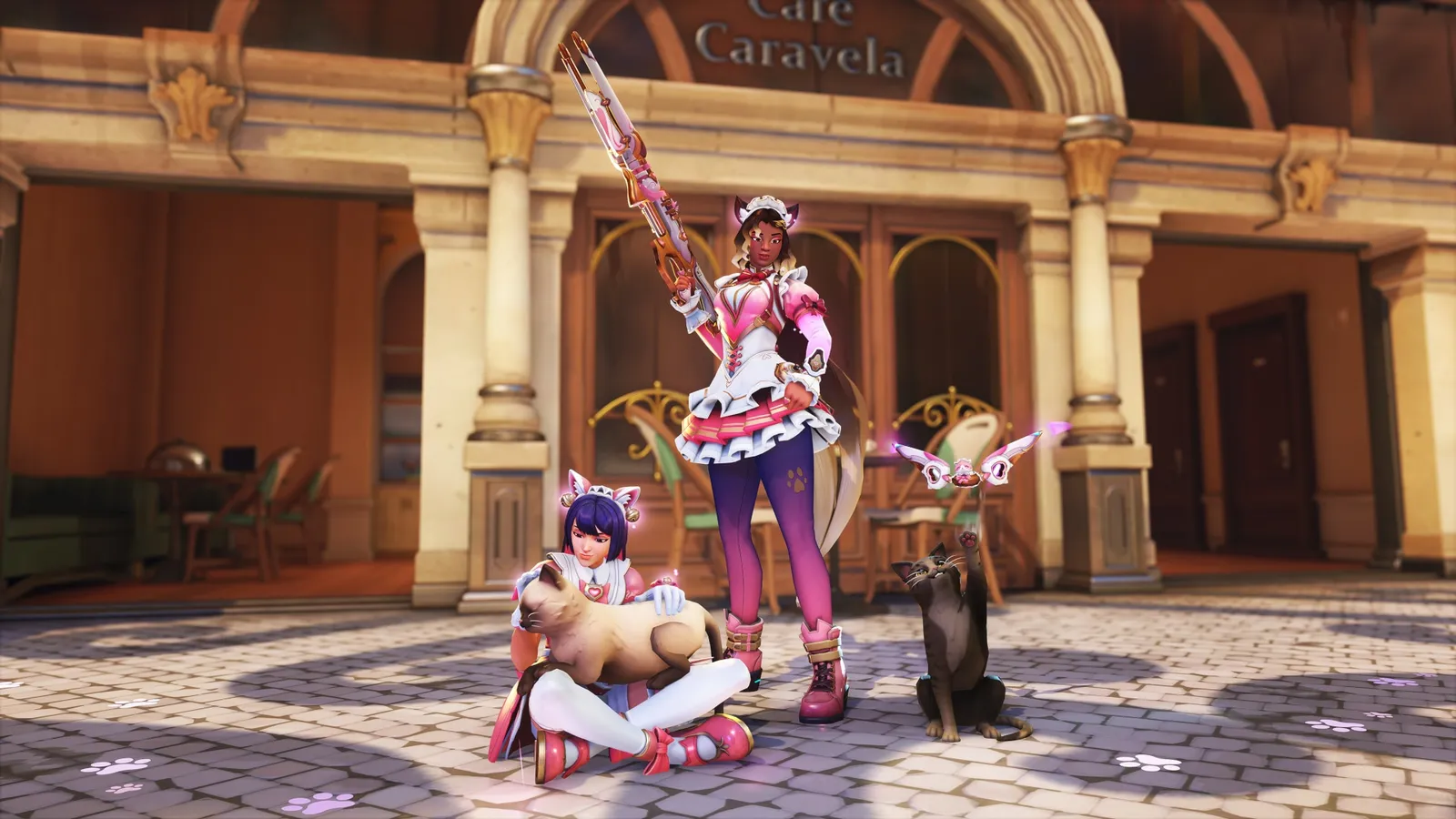 Overwatch Nyan Cafe Ultra skins group featuring Sierra and Kiriko in cat cafe outfits