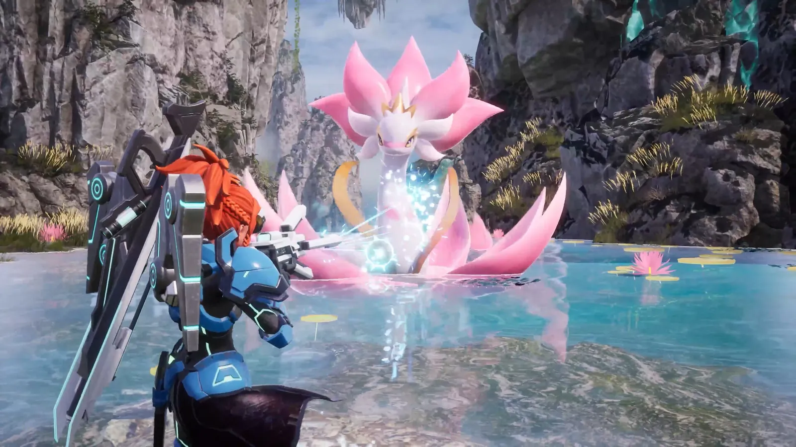 A player character and Pal exploring a dramatic Palworld landscape