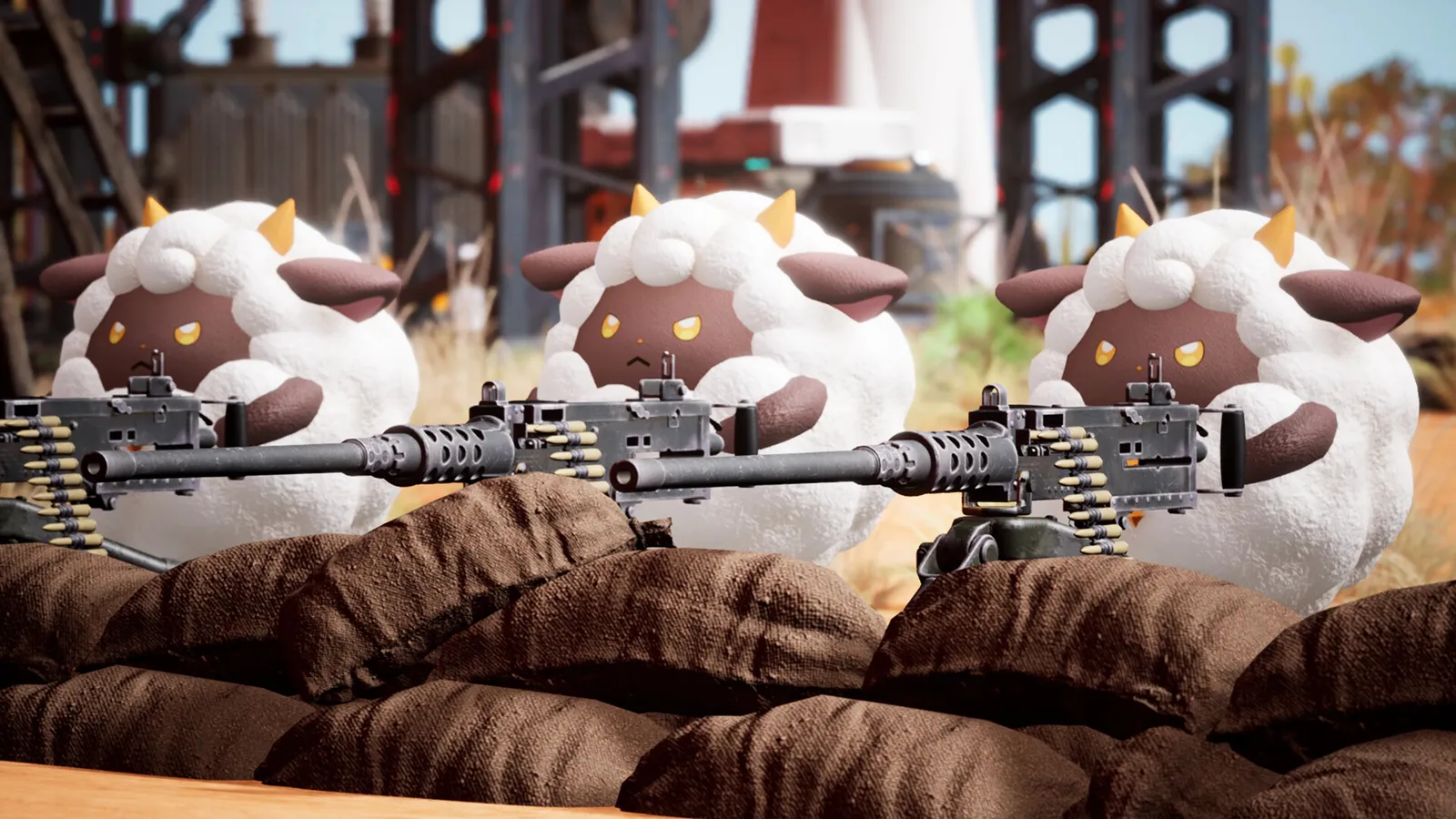 A group of Pals in a lush open-world field in Palworld
