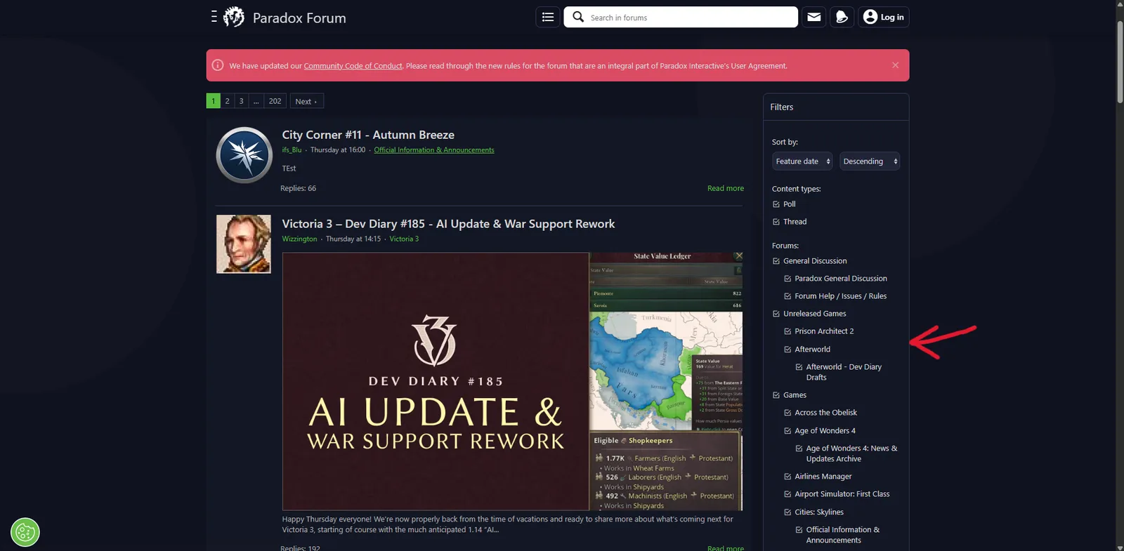 Screenshot of the official Paradox Forum showing Afterworld listed in the Unreleased Game filters sidebar