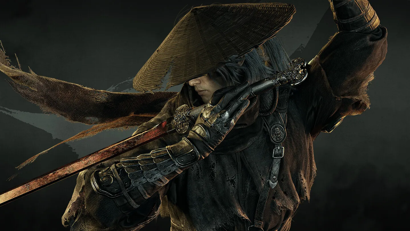 Phantom Blade Zero protagonist Soul standing in a moody wuxia landscape with a curved blade drawn, lantern light glowing behind him