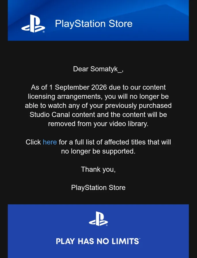 Screenshot of the PlayStation Store email notification sent to customers warning that purchased StudioCanal content will be deleted from their libraries on September 1 2026