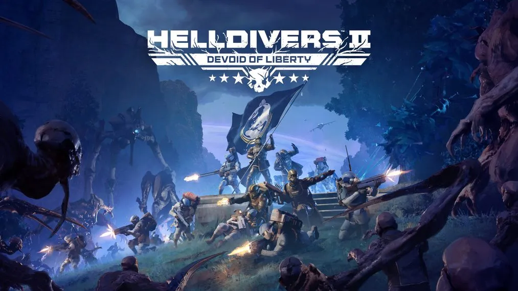 Helldivers 2 squad of four diving into a mission on a hostile planet