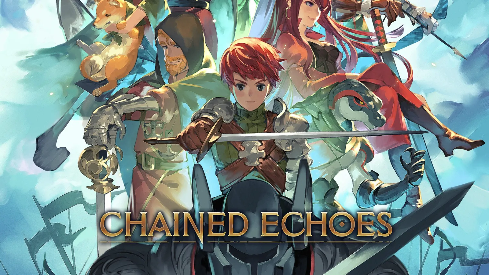 Chained Echoes key art showing fantasy heroes and a mech in a 16-bit style world