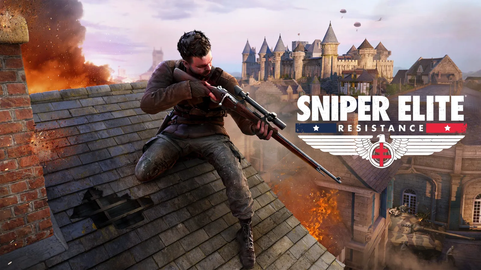Sniper Elite Resistance key art showing a sniper in occupied France