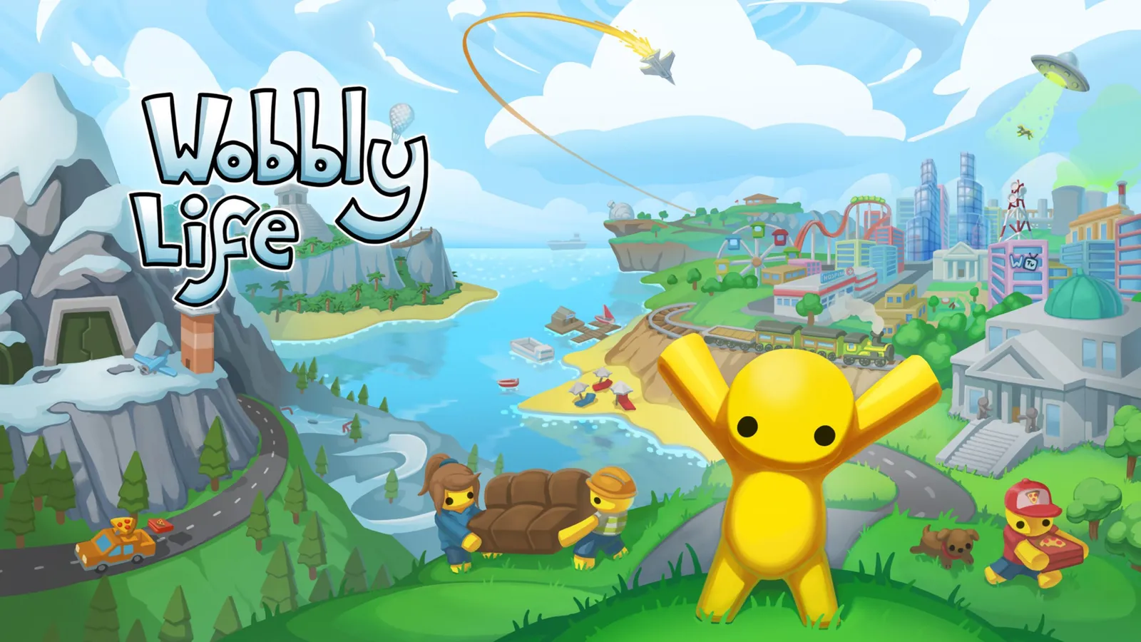 Wobbly Life key art showing a wobbly character in front of a tropical island