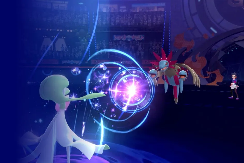Pokemon Champions gameplay showing a trainer battle on Nintendo Switch
