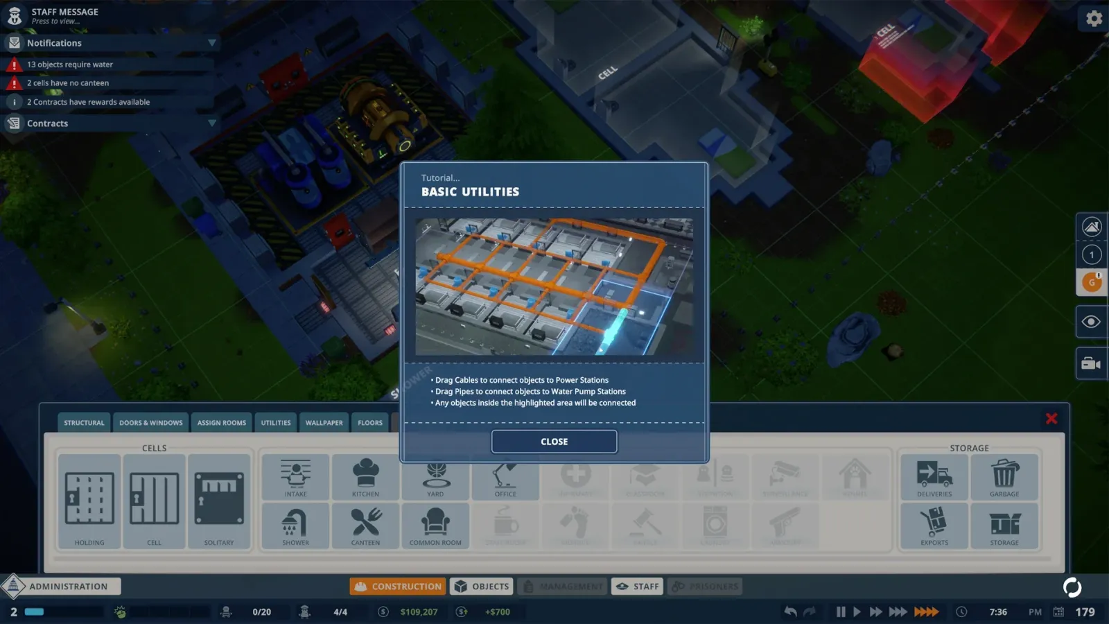 Top-down isometric shot of Prison Architect 2 showing staff and prisoners around a cafeteria hall