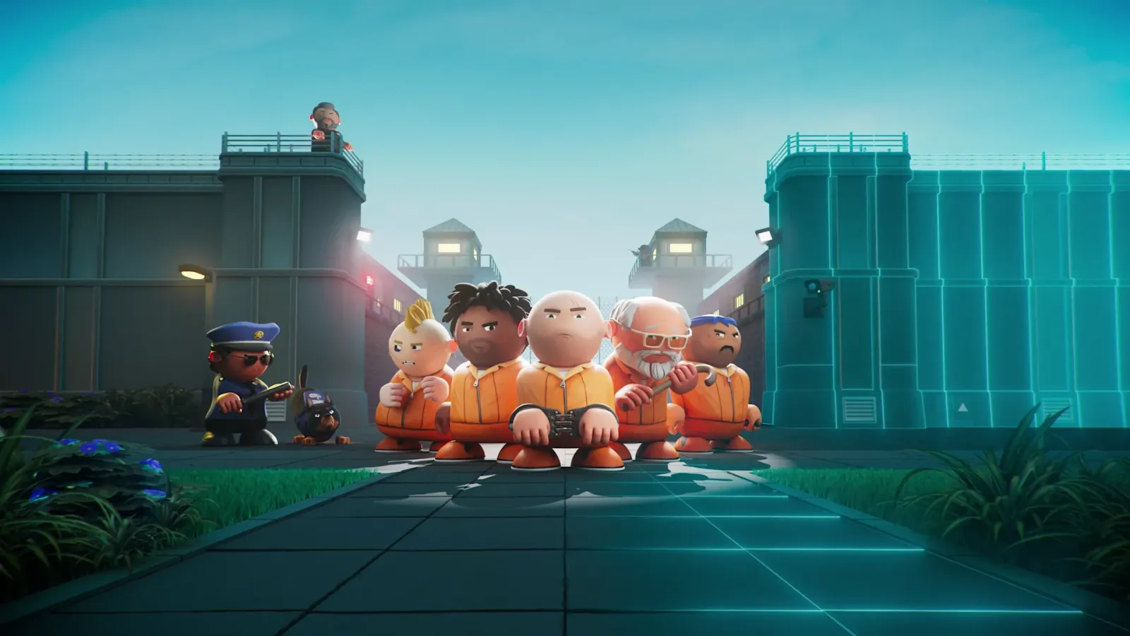 Wide promotional shot of Prison Architect 2 showing a 3D prison yard with guard towers and cell blocks