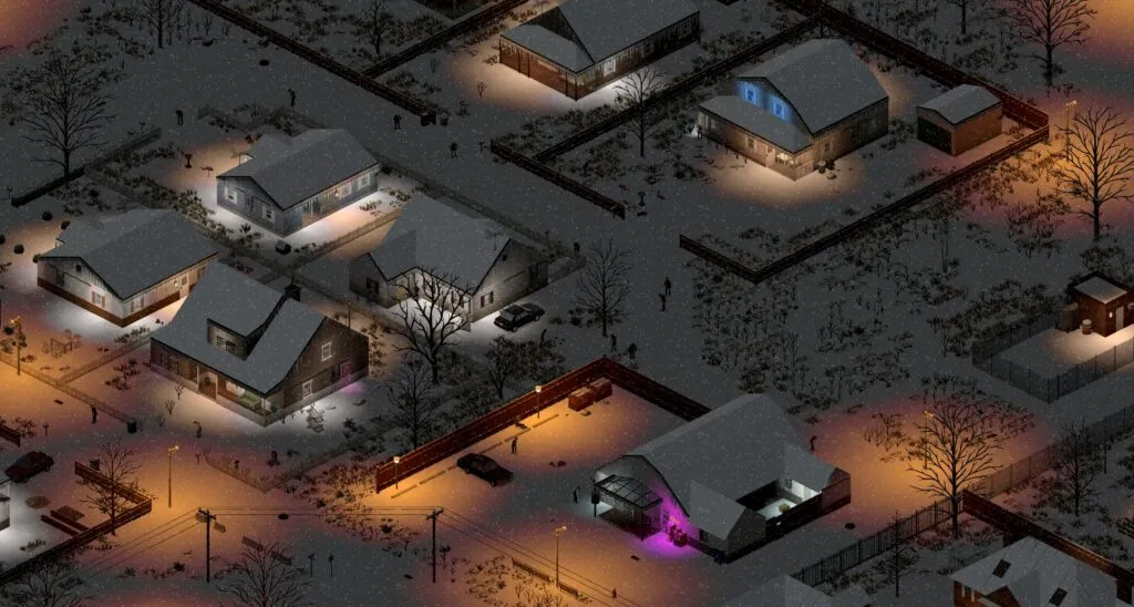A snowy night in the reworked Muldraugh neighborhood of Project Zomboid Build 42