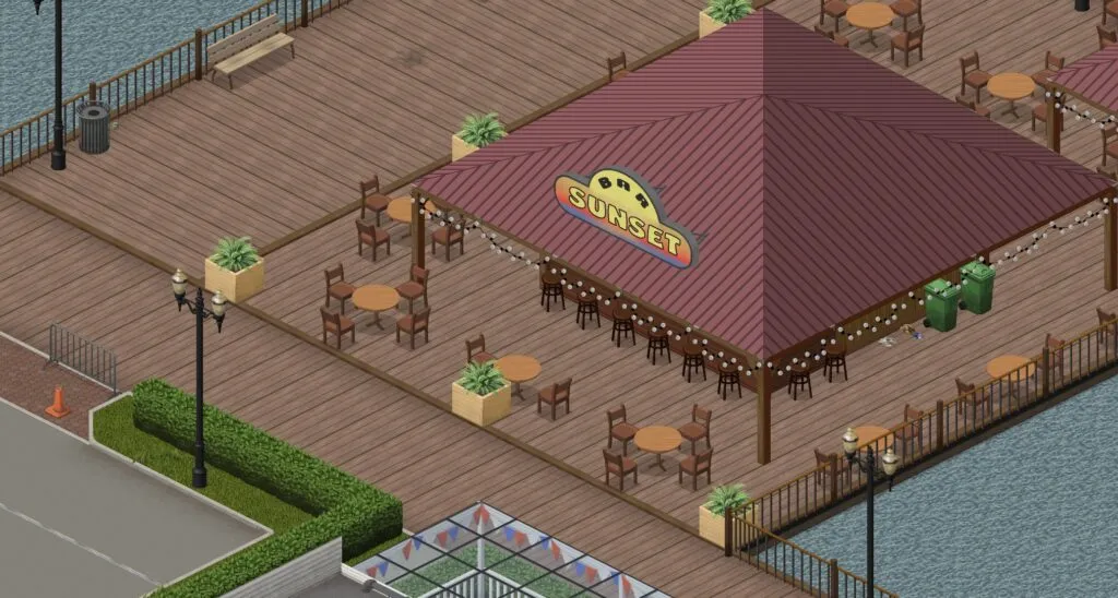 A sunset over a Riverside bar in Project Zomboid Build 42 with the new graphical pass
